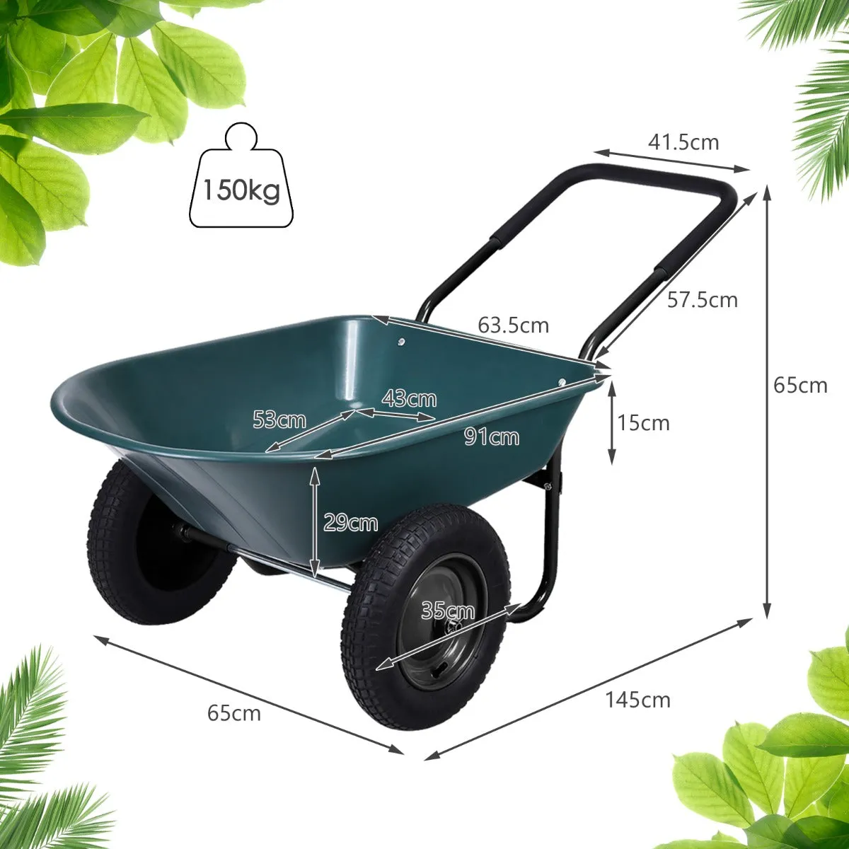 2 Tire Wheelbarrow with Pneumatic Tires 150KG-Green