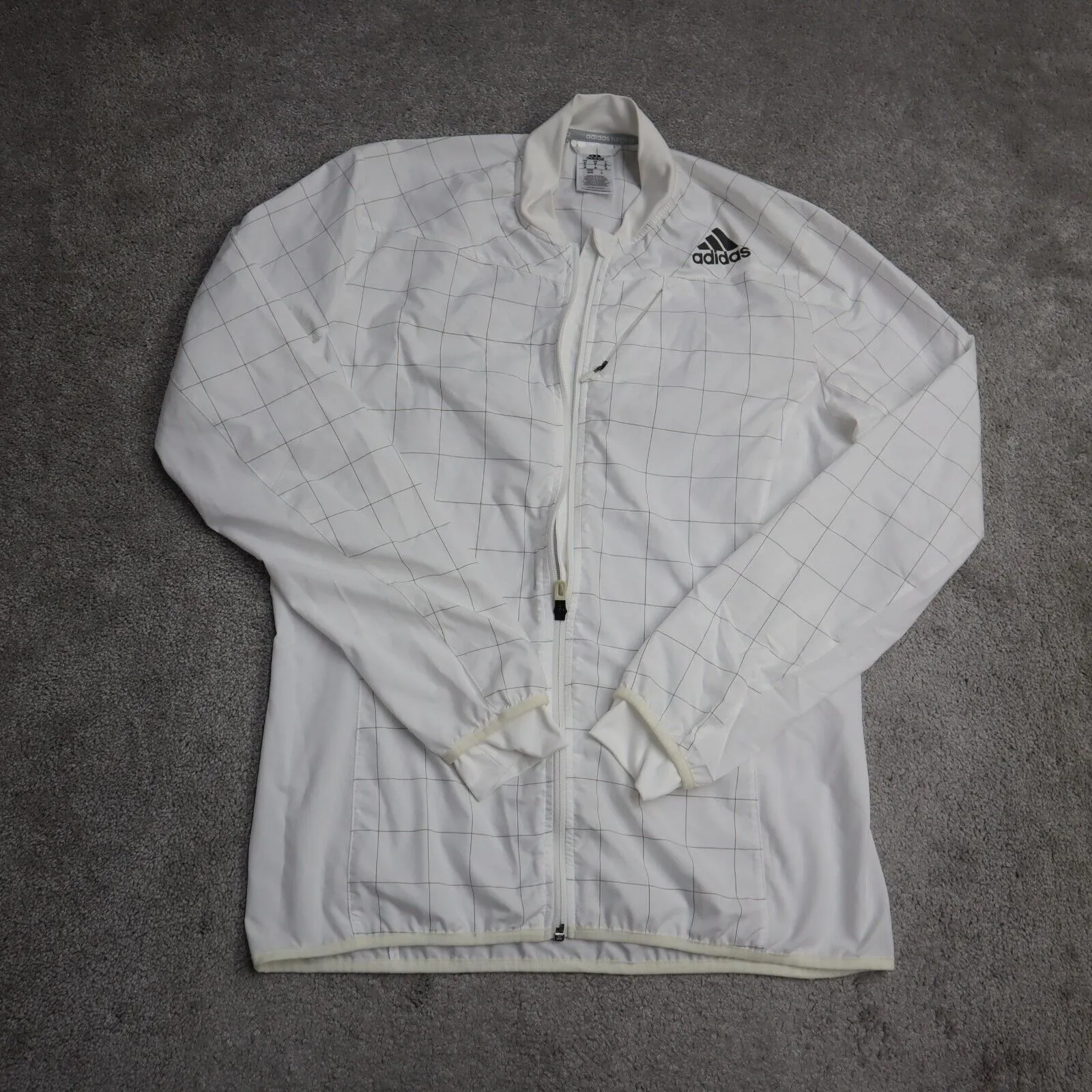 Adidas Running Mens Check Activewear Top Full Zip Up Logo White Size Medium