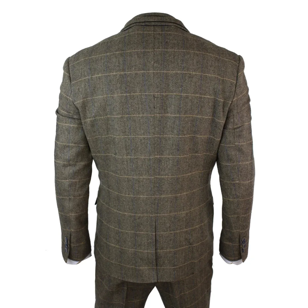 Albert - Men's 3 Piece Classic Tweed Herringbone Check Tan Brown Suit