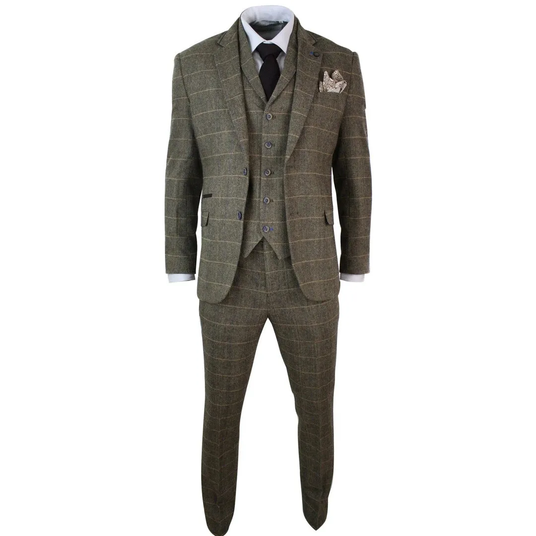 Albert - Men's 3 Piece Classic Tweed Herringbone Check Tan Brown Suit