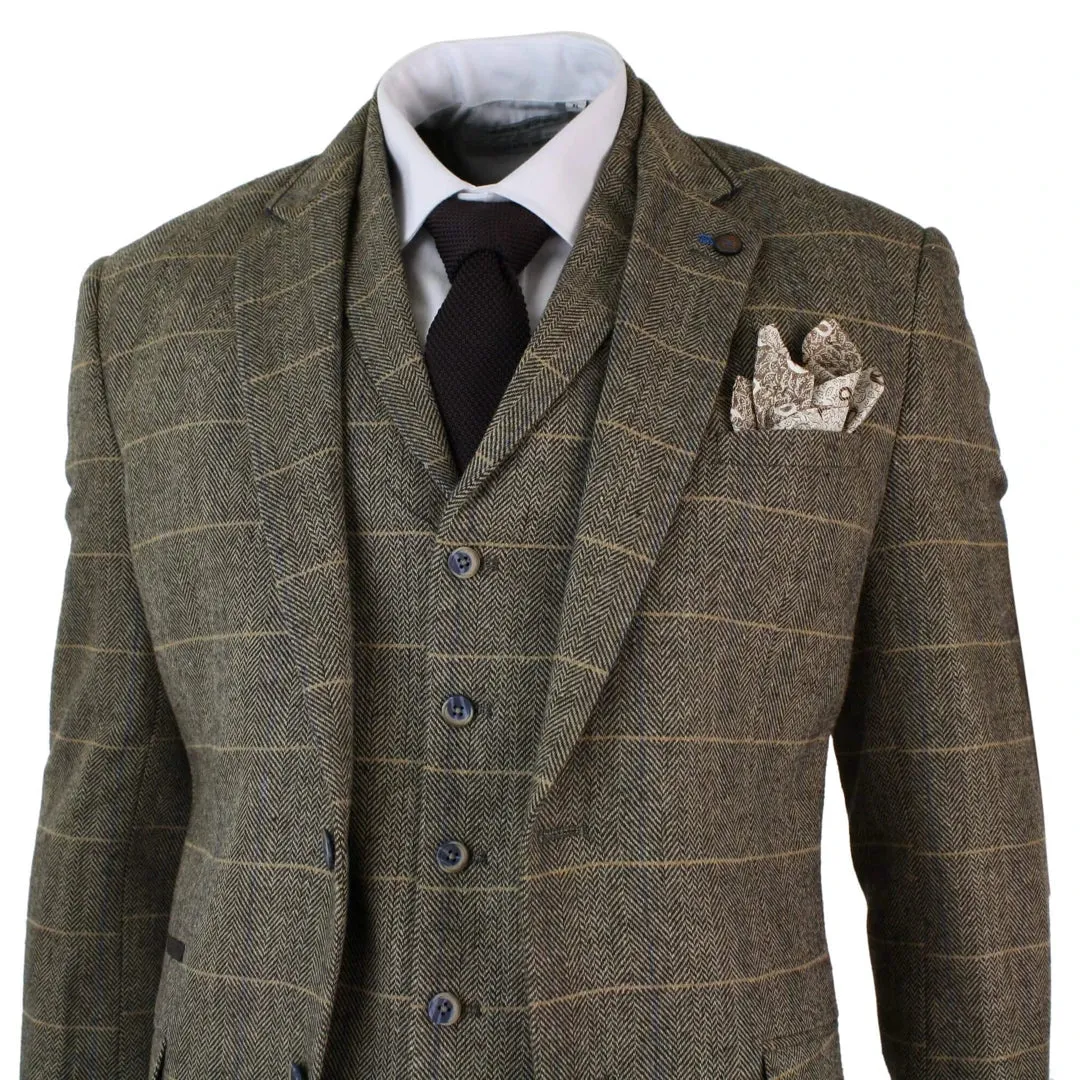 Albert - Men's 3 Piece Classic Tweed Herringbone Check Tan Brown Suit