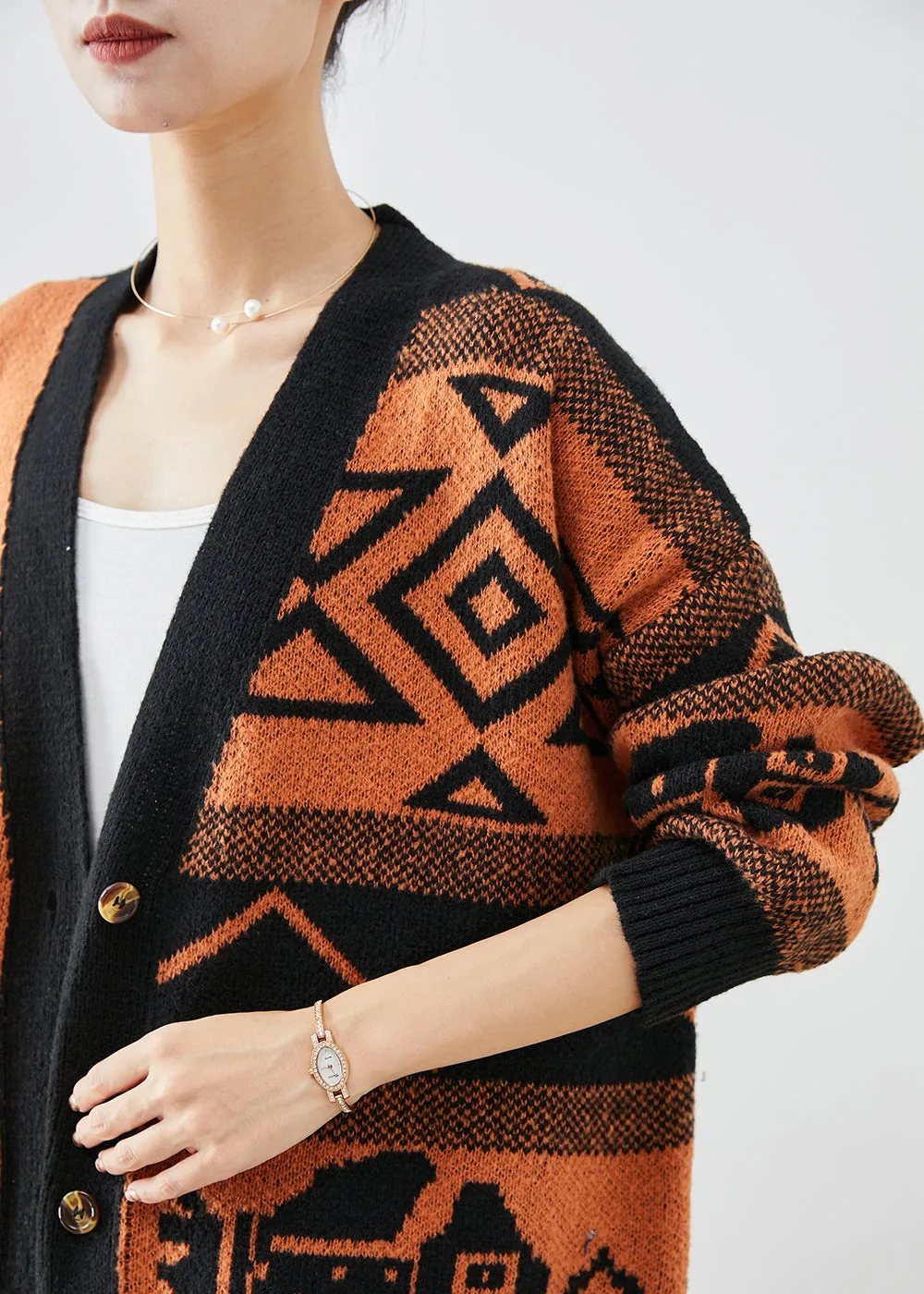 Beautiful Orange Oversized Print Knit Cardigans Fall