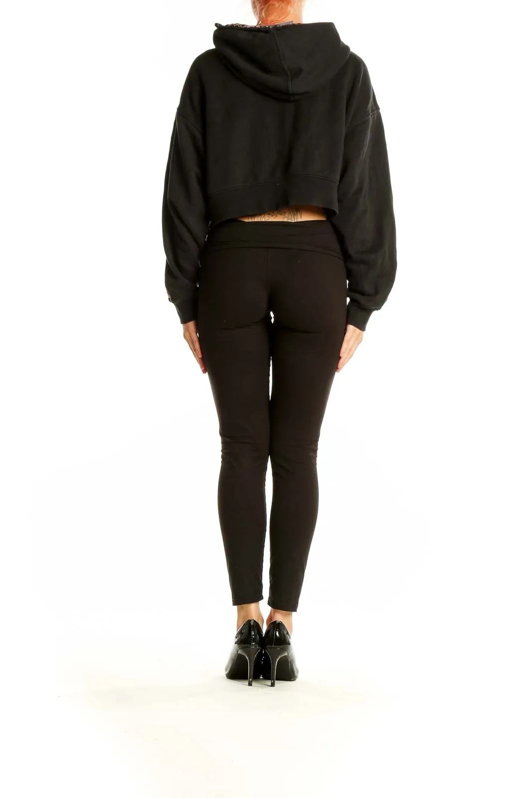 Black Cropped Hoodie with Leopard Stripes