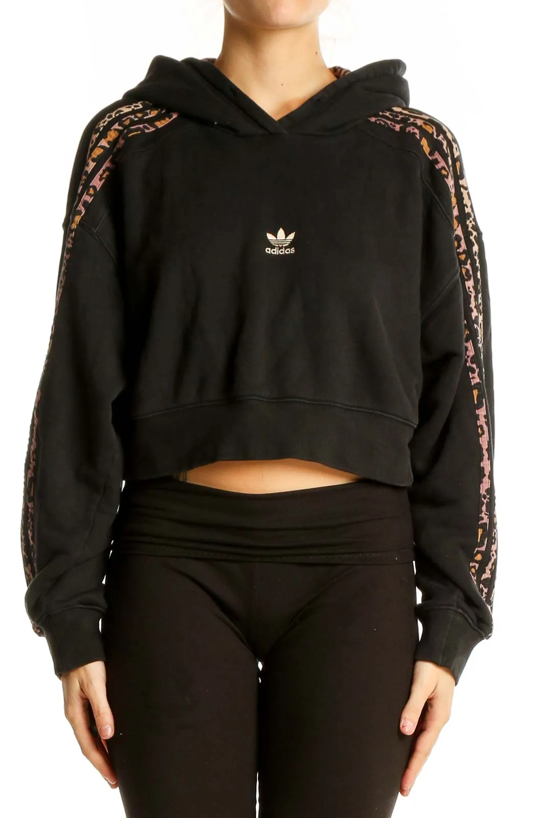 Black Cropped Hoodie with Leopard Stripes