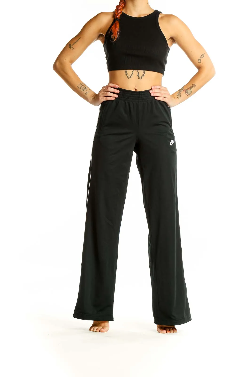 Black Wide-Leg Polyester Activewear Pants