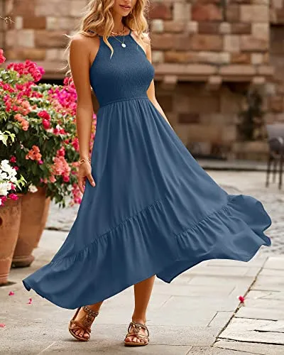 BTFBM Women's Sleeveless Halter Neck Casual Summer Dress Smocked Flowy Irregular Hem Wedding Beach Party Maxi Sundresses(Solid Dark Blue, Medium)