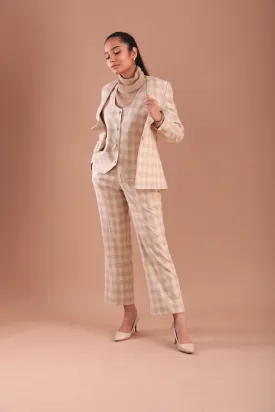 Checkered Beige Three Piece Suit for Women