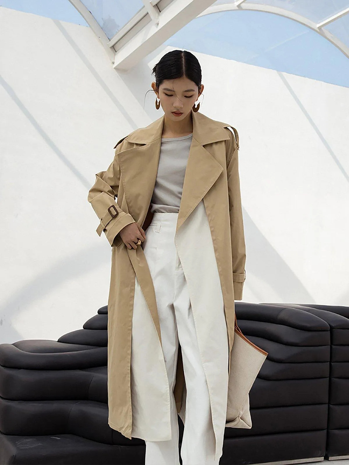 Color Block Belted Wrap Trench Coat