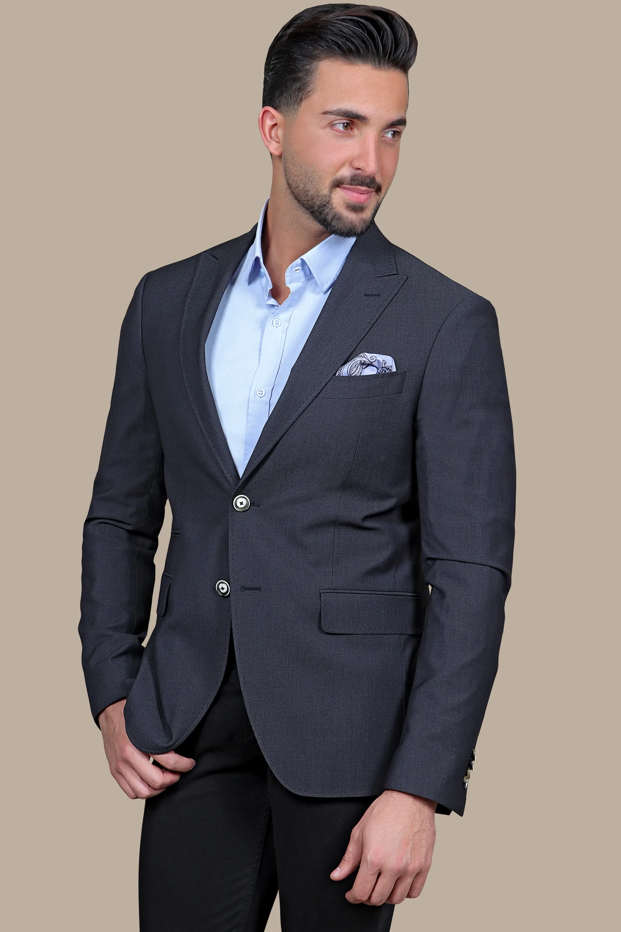 Dark Grey Slim Fit Lycra Blazer with Peak Lapel