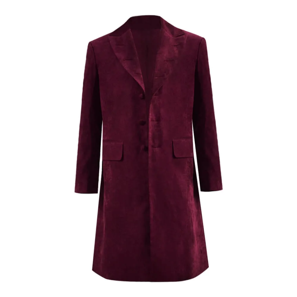 Dr. Fourth 4th Doctor Velvet Trench Coat Burgundy Cosplay Costume