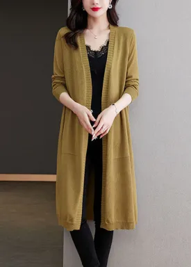 Elegant Matcha Colour V Neck Pockets Long Ice Size Knit Cardigans Long Sleeve