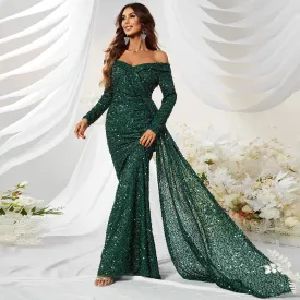 Fiona Sequined off Shoulder Long Sleeve Ball Gown