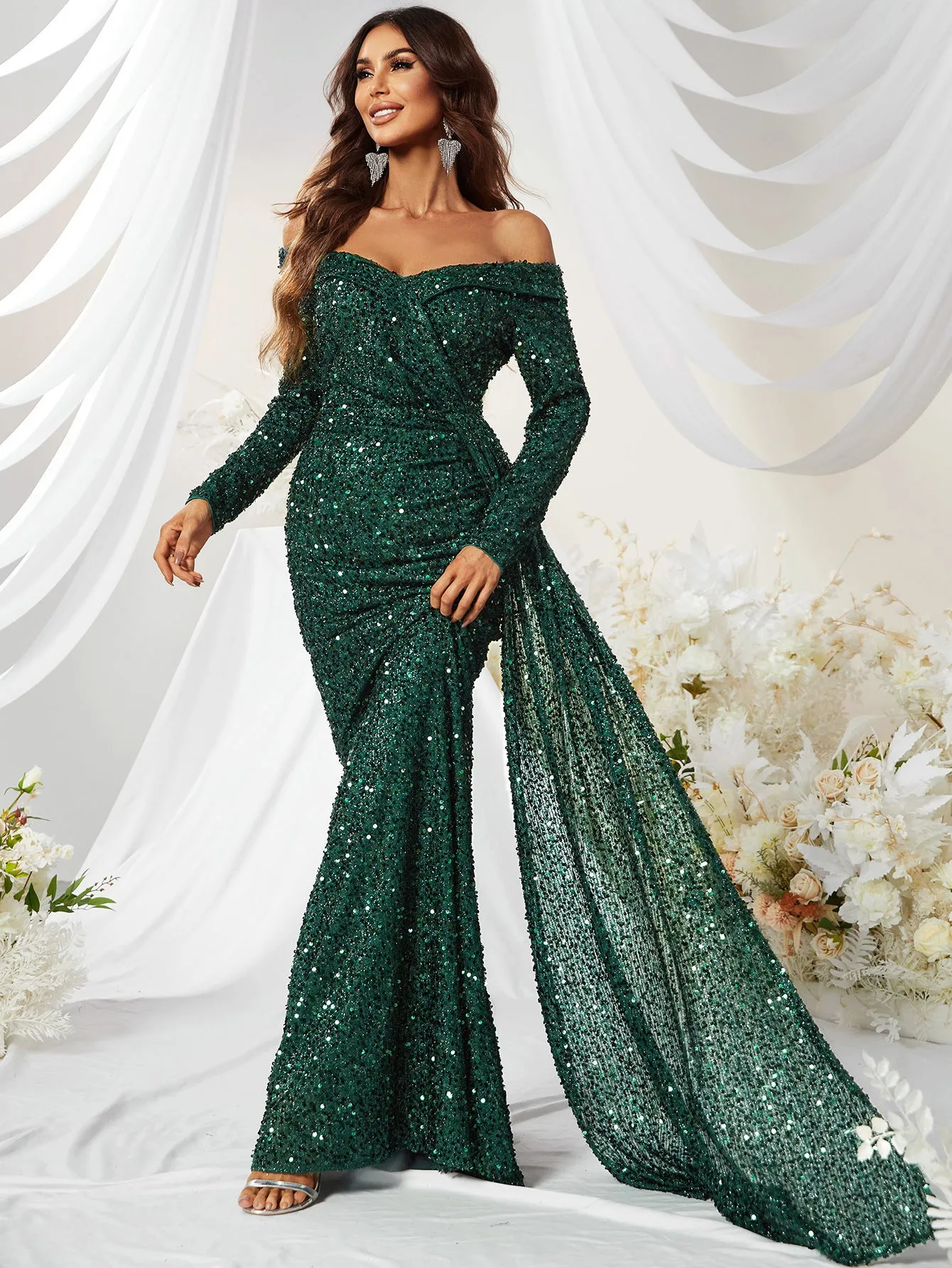 Fiona Sequined off Shoulder Long Sleeve Ball Gown