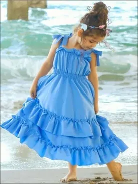 Girls Long Blue Ruffled Maxi Dress