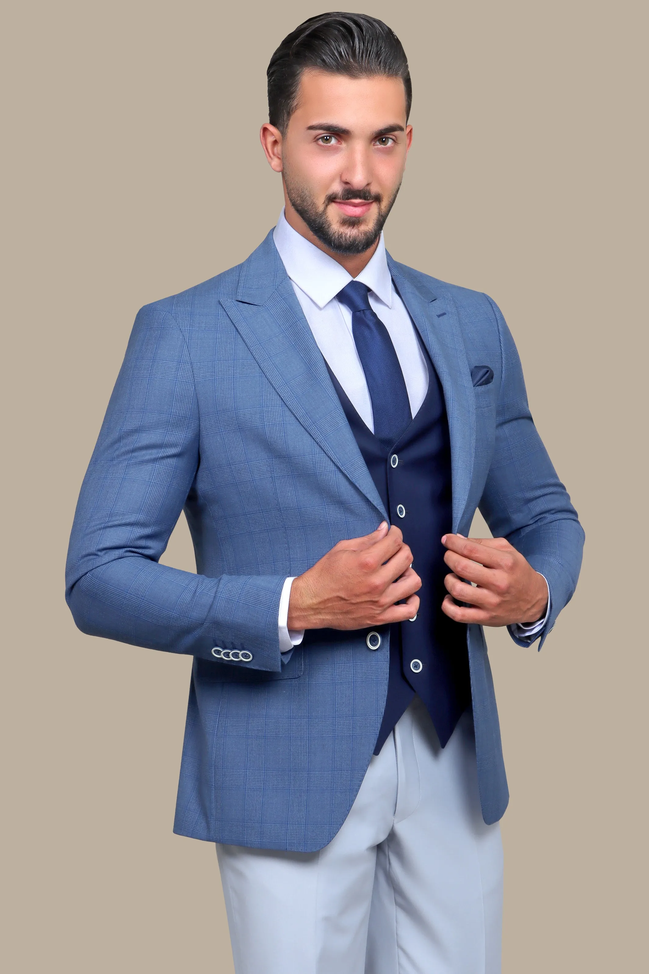 Grey Suit Pants & Blue Blazer 3-Piece Set