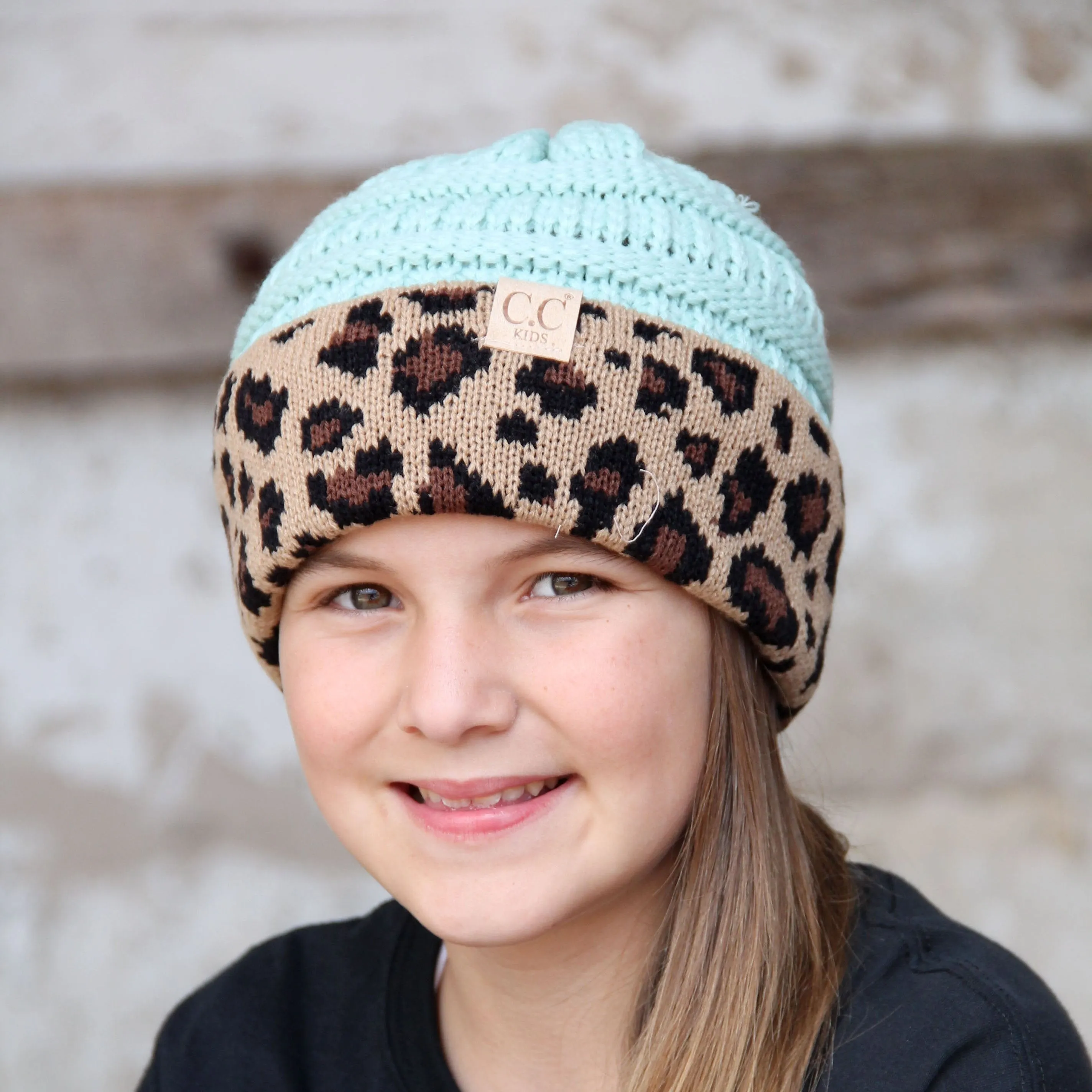 KID-45 Mint Leopard Youth Beanie