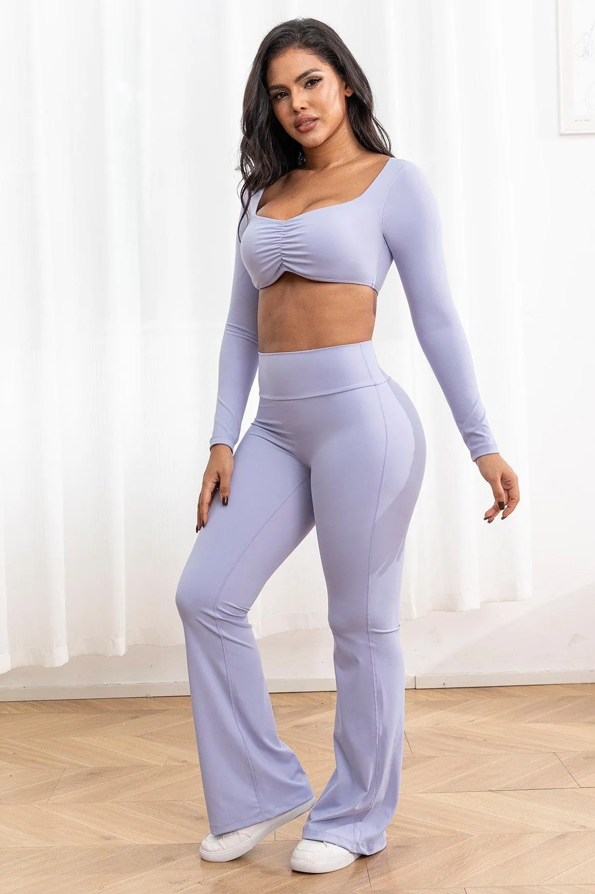 Long Sleeve Crop Top W/Bra & Flare Legging Set