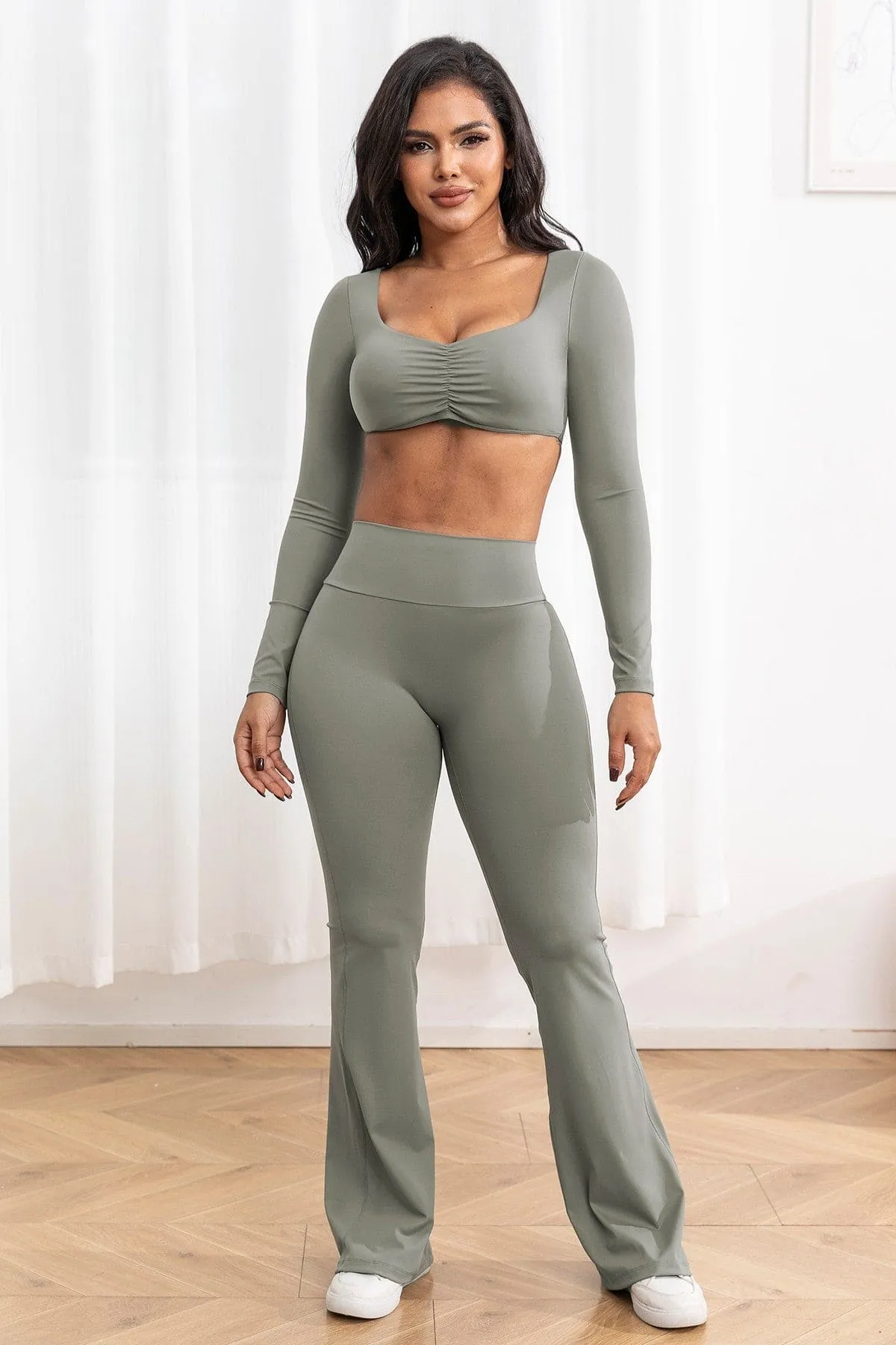 Long Sleeve Crop Top W/Bra & Flare Legging Set