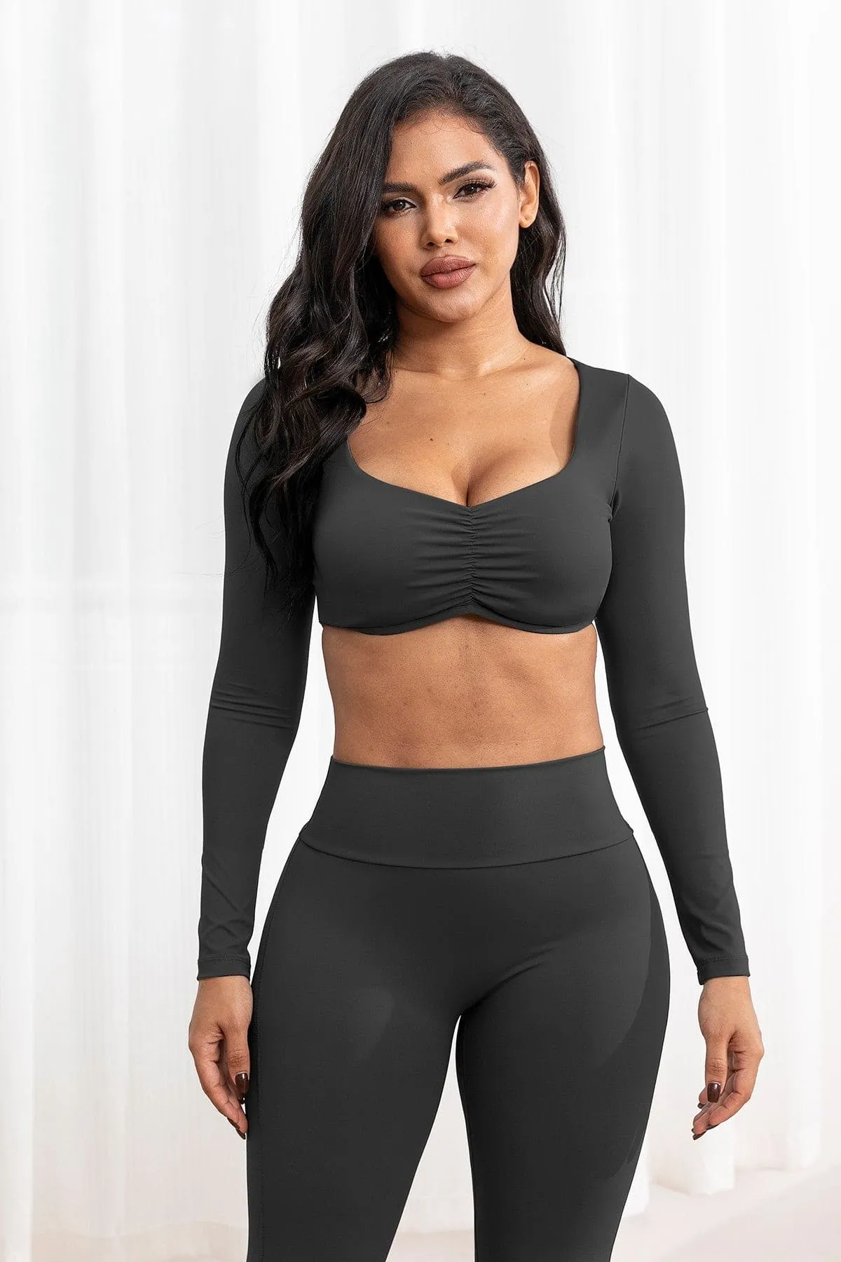 Long Sleeve Crop Top W/Bra & Flare Legging Set