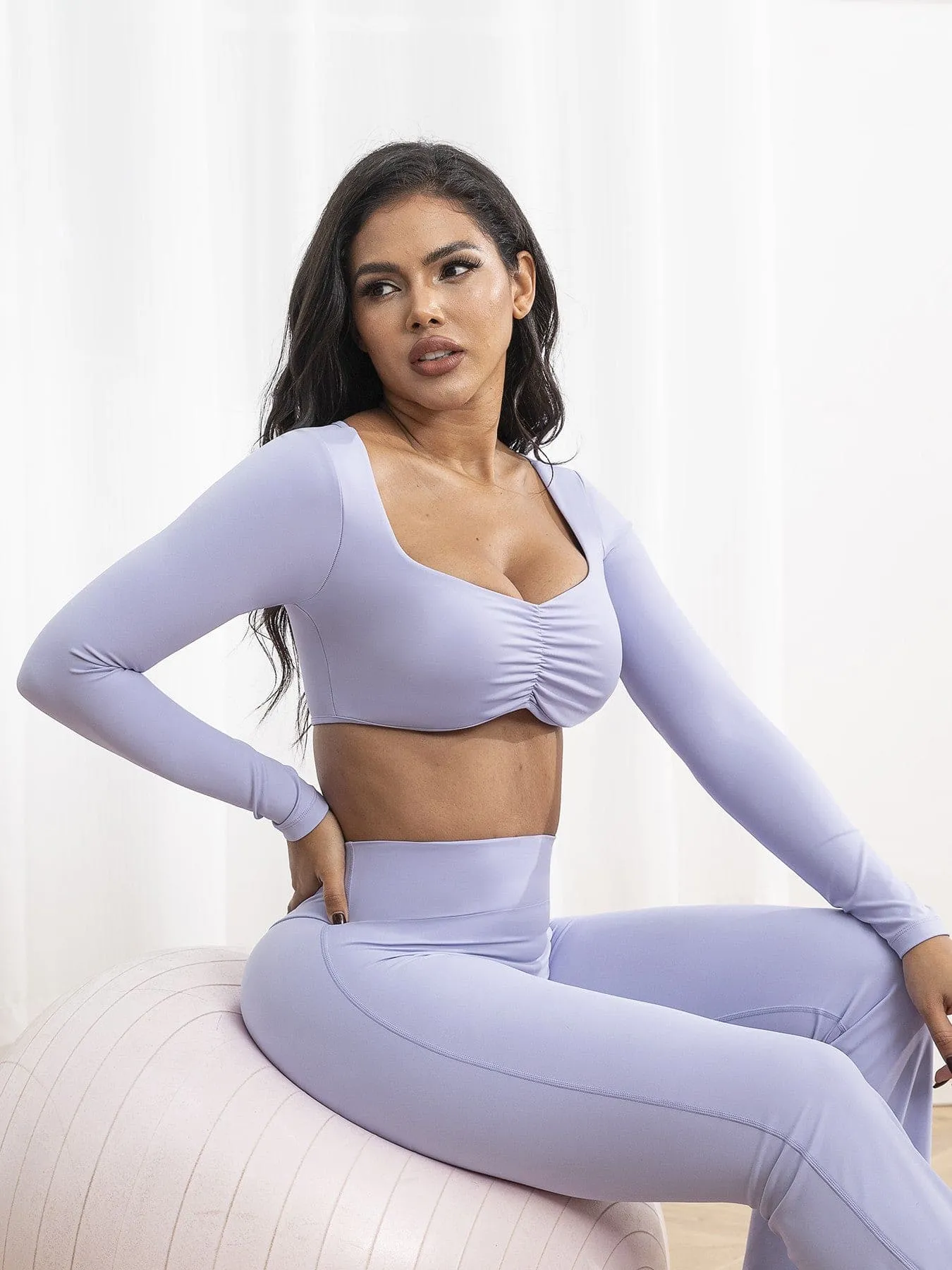 Long Sleeve Crop Top W/Bra & Flare Legging Set