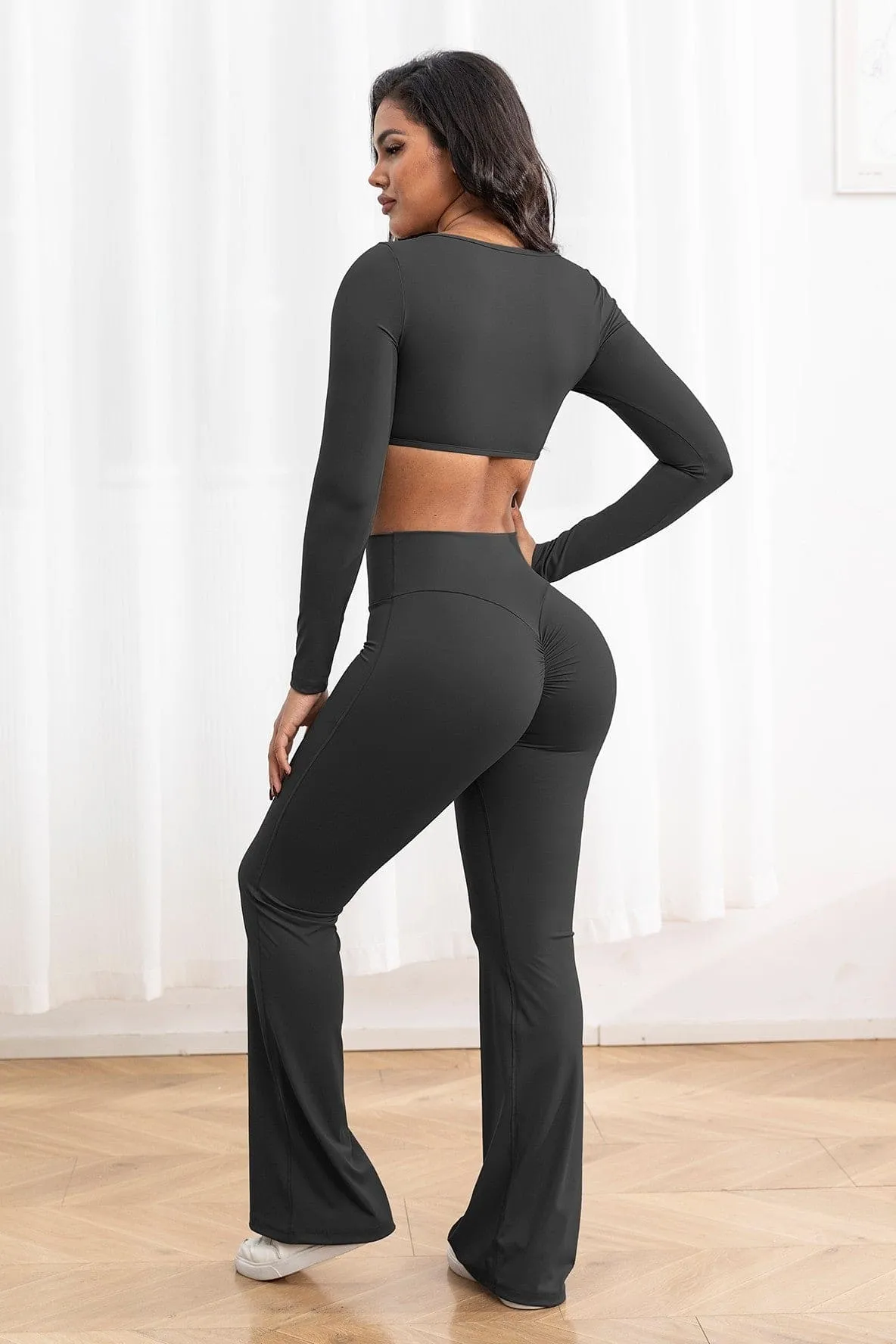 Long Sleeve Crop Top W/Bra & Flare Legging Set