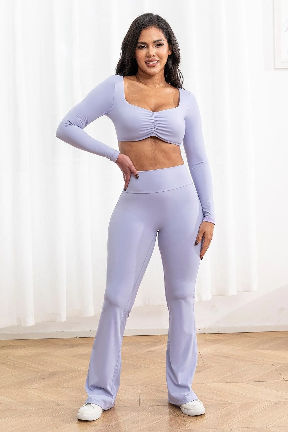 Long Sleeve Crop Top W/Bra & Flare Legging Set