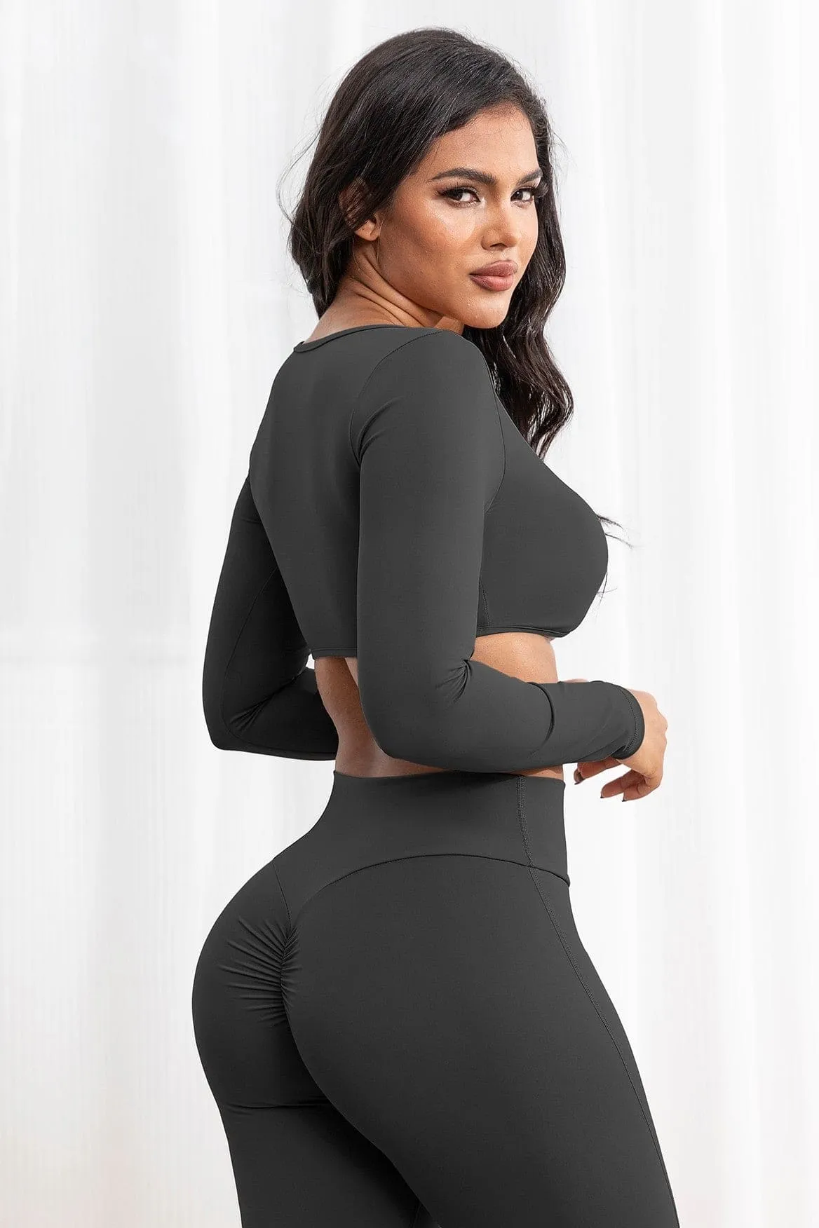 Long Sleeve Crop Top W/Bra & Flare Legging Set