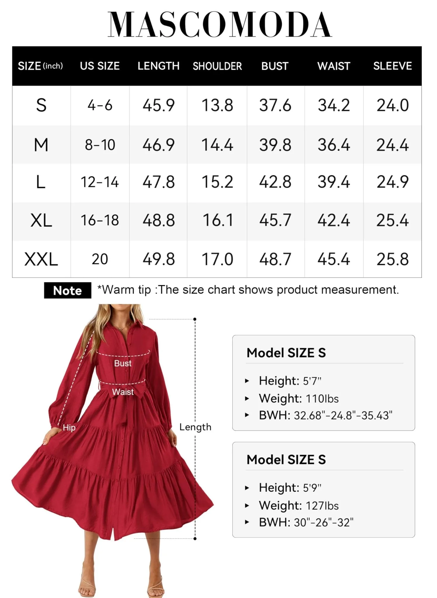 MASCOMODA Womens Dresses 2024 Fall Long Sleeve Midi Dress Casual V Neck Button Down Tiered Flowy Aline Tie Waist Shirt Dress(Red,X-Large)