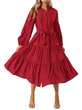 MASCOMODA Womens Dresses 2024 Fall Long Sleeve Midi Dress Casual V Neck Button Down Tiered Flowy Aline Tie Waist Shirt Dress(Red,X-Large)