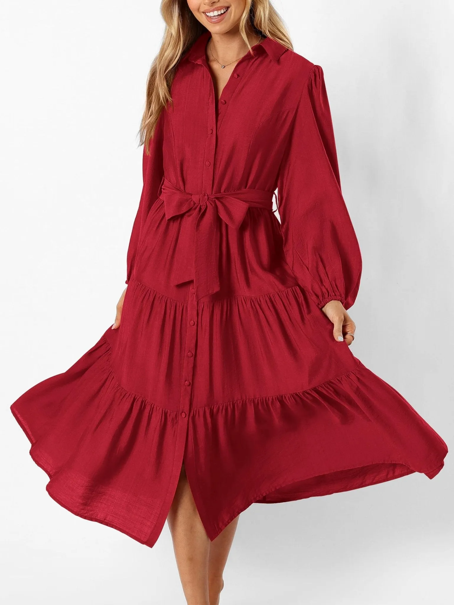 MASCOMODA Womens Dresses 2024 Fall Long Sleeve Midi Dress Casual V Neck Button Down Tiered Flowy Aline Tie Waist Shirt Dress(Red,X-Large)