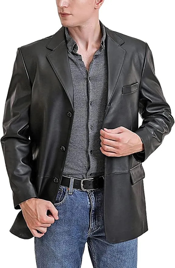 Men’s Lambskin Leather Three Button Blazer TB040