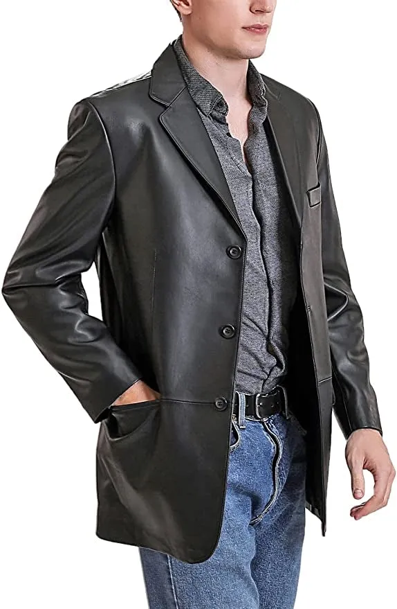 Men’s Lambskin Leather Three Button Blazer TB040