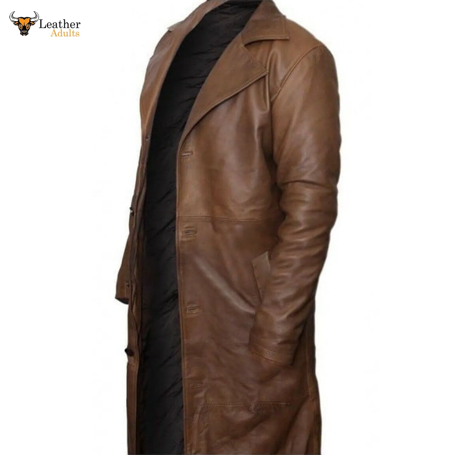 Mens Long Coat Genuine Leather Trench Coat Rain Coat Distressed Men Over Coat