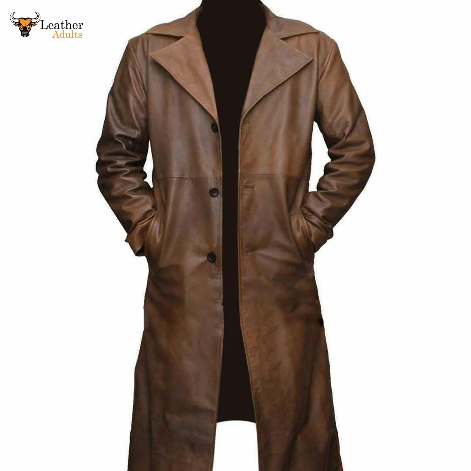 Mens Long Coat Genuine Leather Trench Coat Rain Coat Distressed Men Over Coat