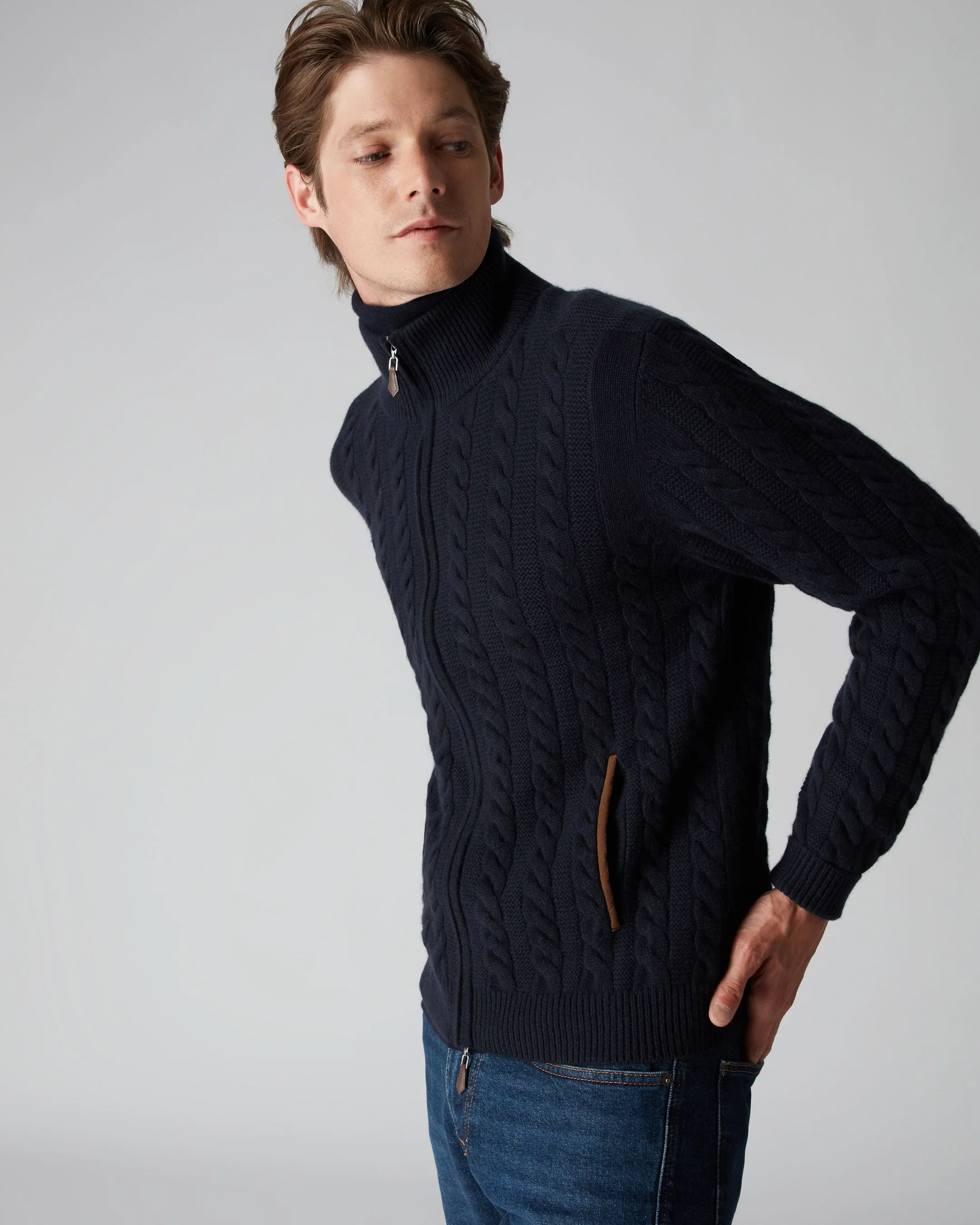 Men's Richmond Cable Cashmere Cardigan Navy Blue