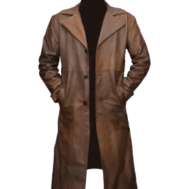 Men’s Waxed Brown Genuine Leather Trench Coat | Mens Waxed Brown Leather Trench Coat