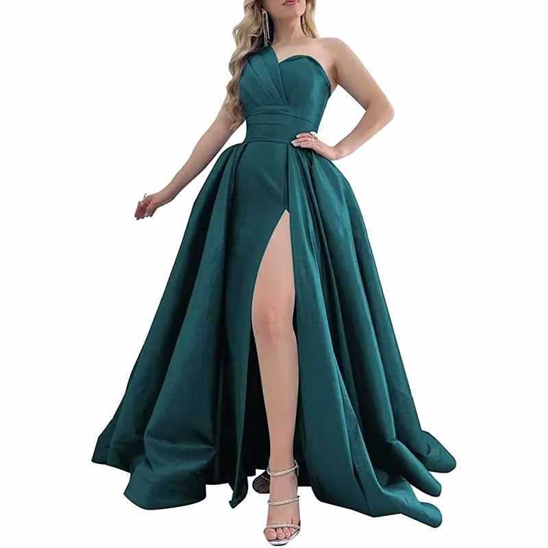 One Shoulder Satin Bridesmaid Dress Prom Dresses Long Ball Gown Formal Dresses for Women Evening Gowns with Slit