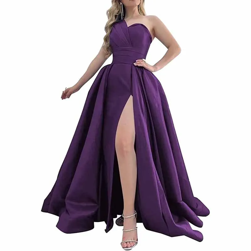 One Shoulder Satin Bridesmaid Dress Prom Dresses Long Ball Gown Formal Dresses for Women Evening Gowns with Slit