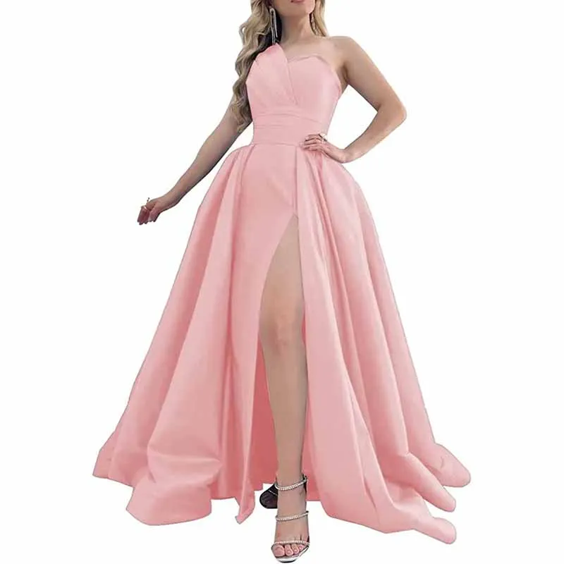 One Shoulder Satin Bridesmaid Dress Prom Dresses Long Ball Gown Formal Dresses for Women Evening Gowns with Slit