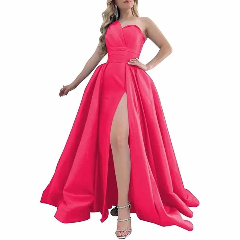 One Shoulder Satin Bridesmaid Dress Prom Dresses Long Ball Gown Formal Dresses for Women Evening Gowns with Slit