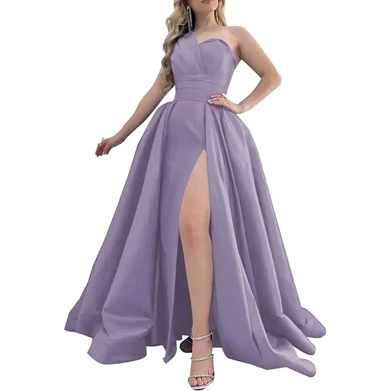 One Shoulder Satin Bridesmaid Dress Prom Dresses Long Ball Gown Formal Dresses for Women Evening Gowns with Slit