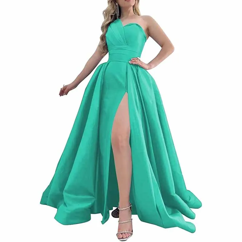 One Shoulder Satin Bridesmaid Dress Prom Dresses Long Ball Gown Formal Dresses for Women Evening Gowns with Slit