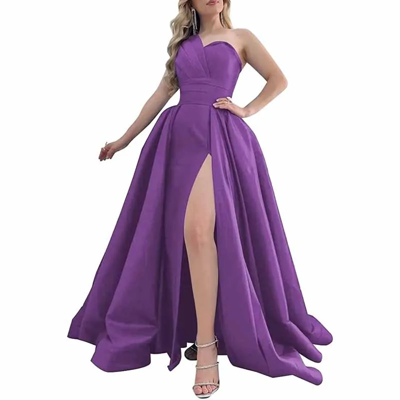 One Shoulder Satin Bridesmaid Dress Prom Dresses Long Ball Gown Formal Dresses for Women Evening Gowns with Slit