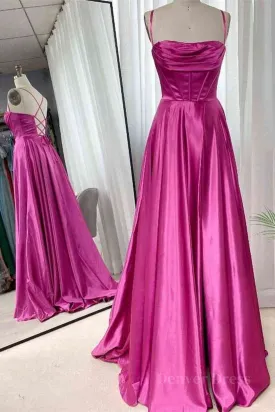 Open Back Fuchsia Satin Ruched Long Prom Dress Long Fuchsia Formal Graduation Evening Dress