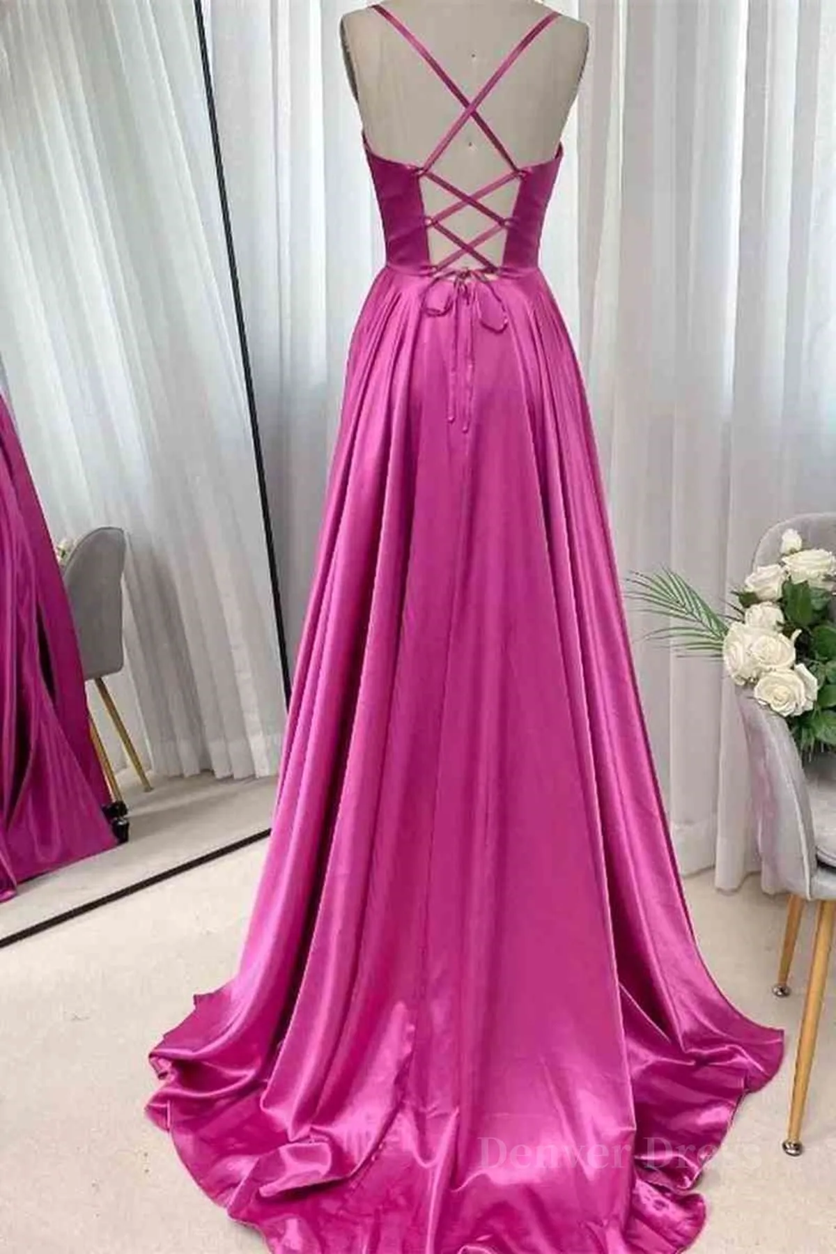 Open Back Fuchsia Satin Ruched Long Prom Dress Long Fuchsia Formal Graduation Evening Dress