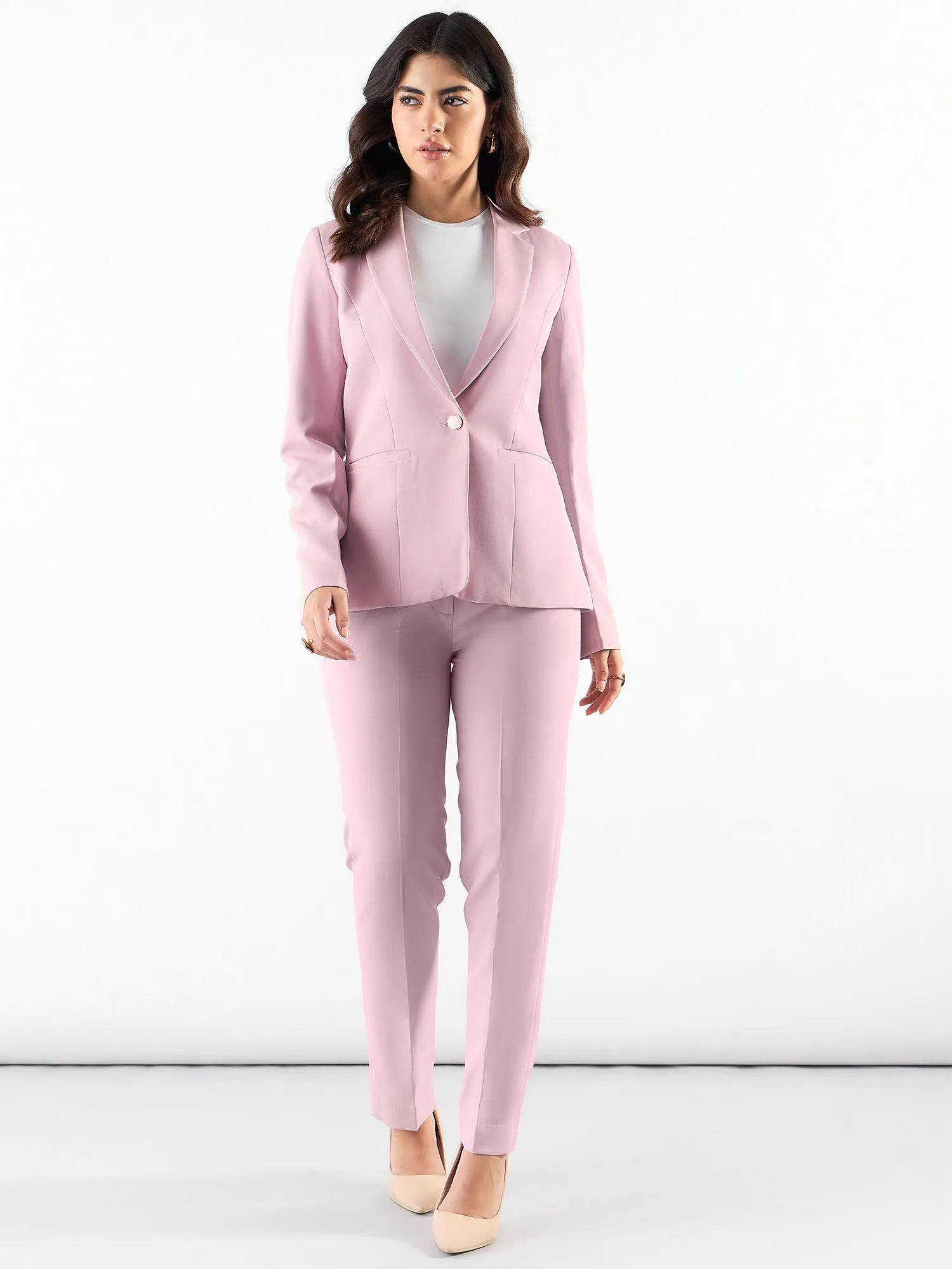 Pink Poly Viscose Notched Lapel Single Breasted Blazer & Trouser