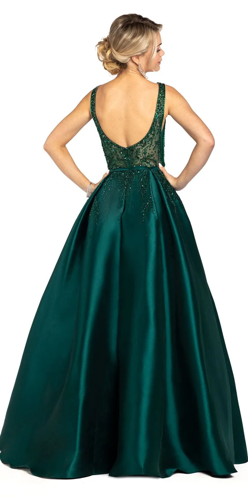 Plunging Beaded Mikado Box Pleated Ballgown