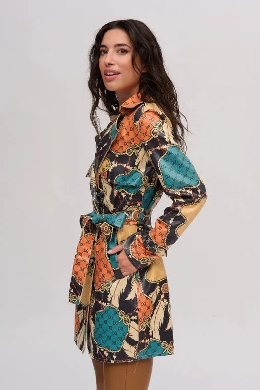 Printed Faux Leather Trench Coat