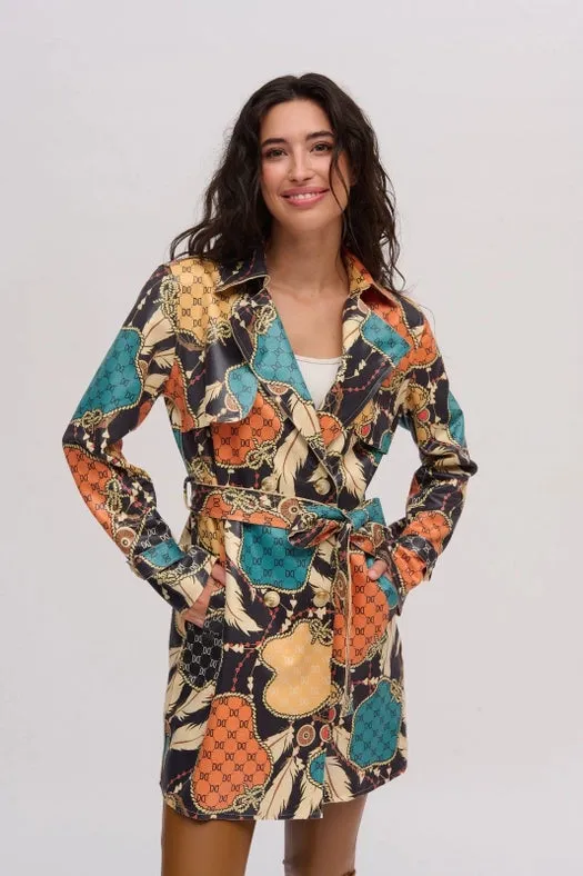 Printed Faux Leather Trench Coat