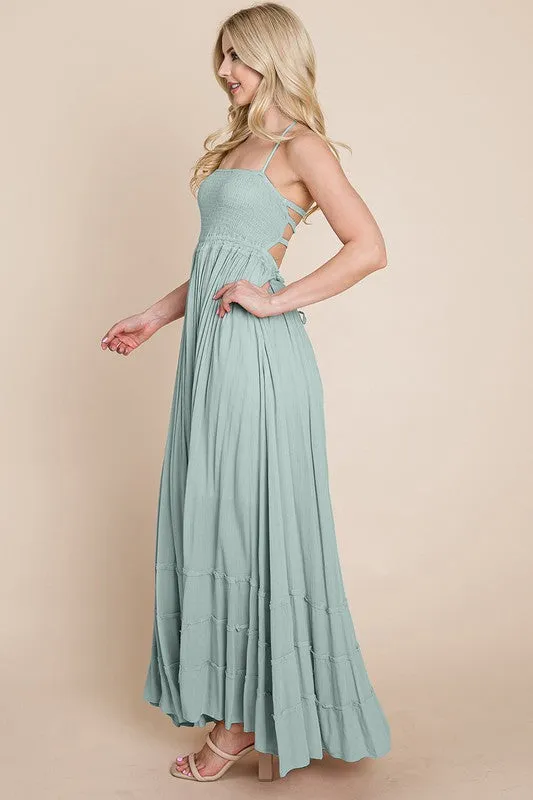 Sage Smocked Flowy Boho Pleated Backless Maxi Dress